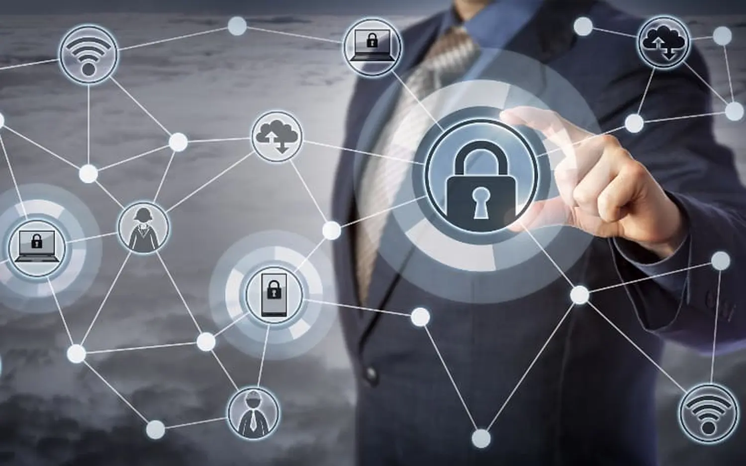 EMshield GmbH - Architecture and Corporate Security - This image represents a cybersecurity network architecture, highlighting the concept of digital protection and interconnected systems.